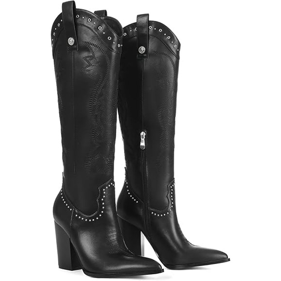 Embroidered Rhinestone Whismigoth Rave Cowboy Boots Knee High Women Size 7 - Picture 1 of 12